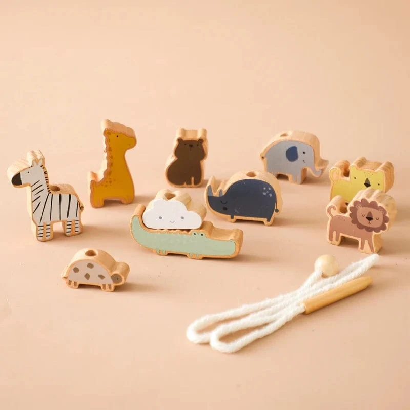 Holzspielzeug zum Einfädeln von Tierbabys, Blöcke, Brettspiele, Stapelspielzeug, Montessori, praktische Fähigkeiten, pädagogische Kinderblöcke, Geschenke