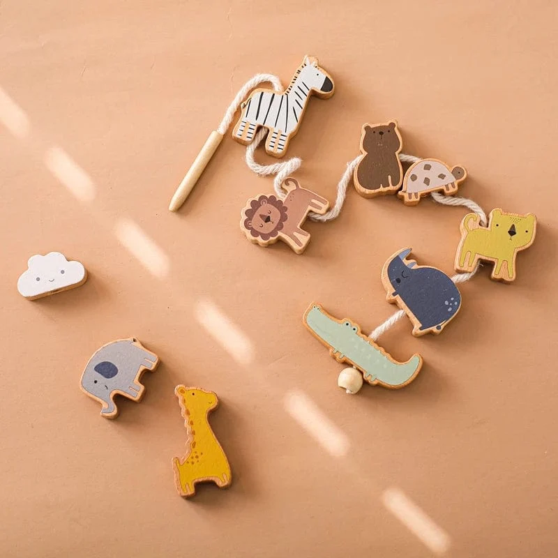 Holzspielzeug zum Einfädeln von Tierbabys, Blöcke, Brettspiele, Stapelspielzeug, Montessori, praktische Fähigkeiten, pädagogische Kinderblöcke, Geschenke