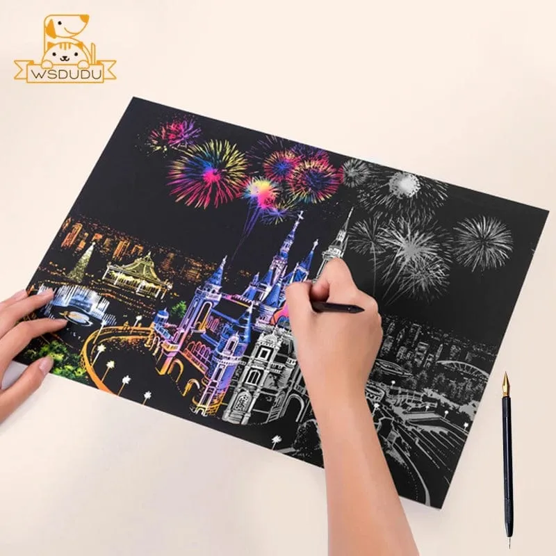 2-teiliges Kratzpapier-Malset, magisches Kunst-Nachtszenen-Set mit Sehenswürdigkeiten aus aller Welt und Tieren, Zeichenspielzeug mit Stift, Basteln, Kartenspiel, Geschenke für Erwachsene