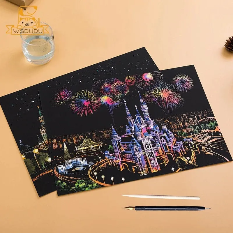 2-teiliges Kratzpapier-Malset, magisches Kunst-Nachtszenen-Set mit Sehenswürdigkeiten aus aller Welt und Tieren, Zeichenspielzeug mit Stift, Basteln, Kartenspiel, Geschenke für Erwachsene