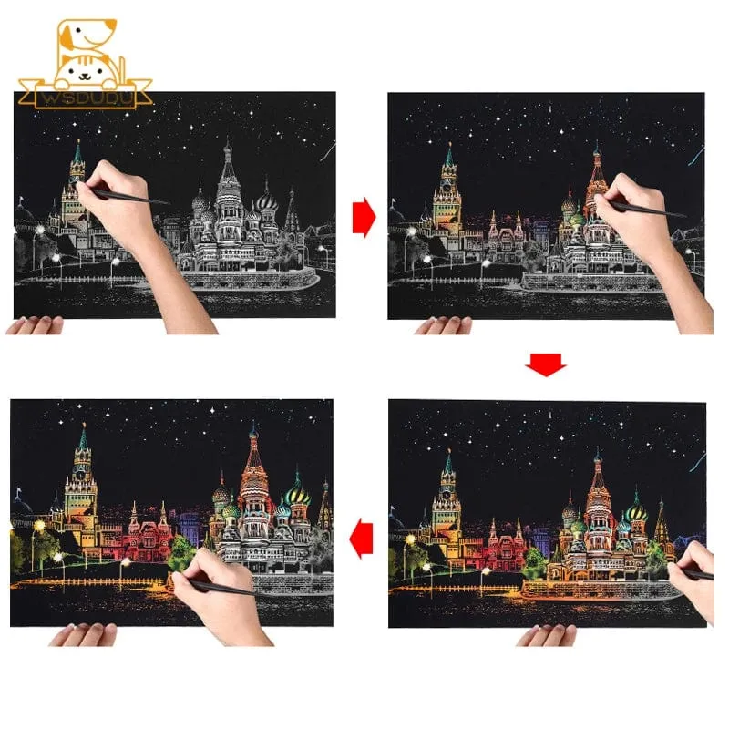 2-teiliges Kratzpapier-Malset, magisches Kunst-Nachtszenen-Set mit Sehenswürdigkeiten aus aller Welt und Tieren, Zeichenspielzeug mit Stift, Basteln, Kartenspiel, Geschenke für Erwachsene