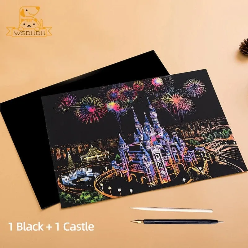 2-teiliges Kratzpapier-Malset, magisches Kunst-Nachtszenen-Set mit Sehenswürdigkeiten aus aller Welt und Tieren, Zeichenspielzeug mit Stift, Basteln, Kartenspiel, Geschenke für Erwachsene