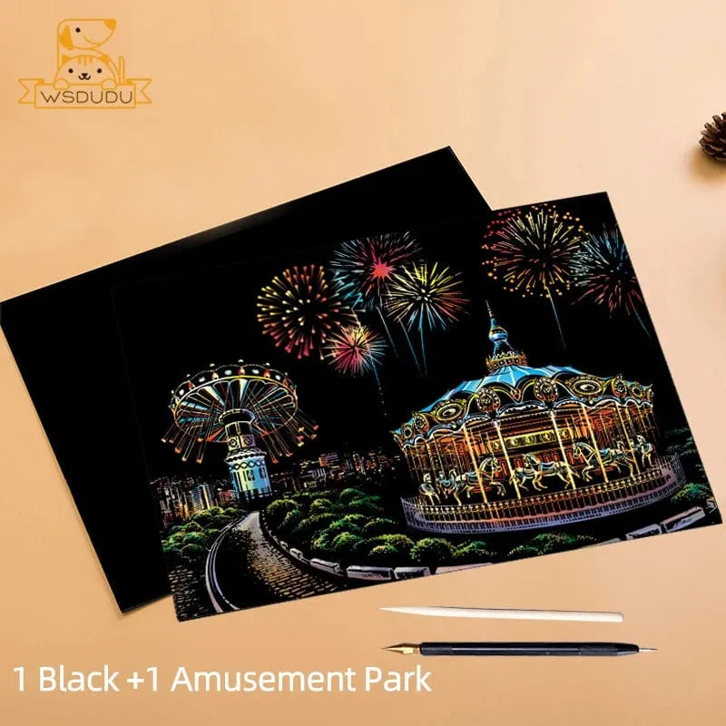 2-teiliges Kratzpapier-Malset, magisches Kunst-Nachtszenen-Set mit Sehenswürdigkeiten aus aller Welt und Tieren, Zeichenspielzeug mit Stift, Basteln, Kartenspiel, Geschenke für Erwachsene