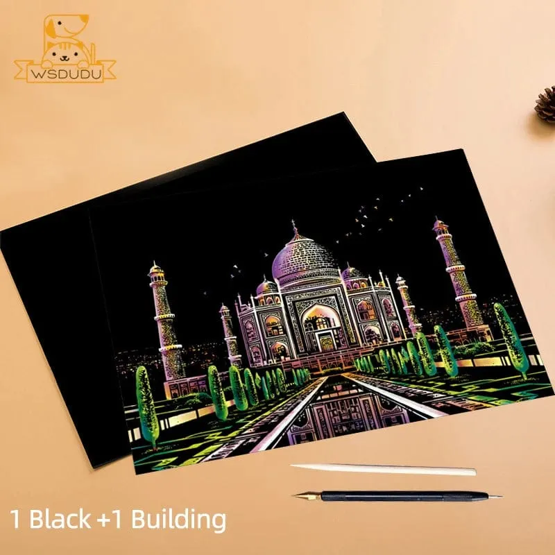 2-teiliges Kratzpapier-Malset, magisches Kunst-Nachtszenen-Set mit Sehenswürdigkeiten aus aller Welt und Tieren, Zeichenspielzeug mit Stift, Basteln, Kartenspiel, Geschenke für Erwachsene