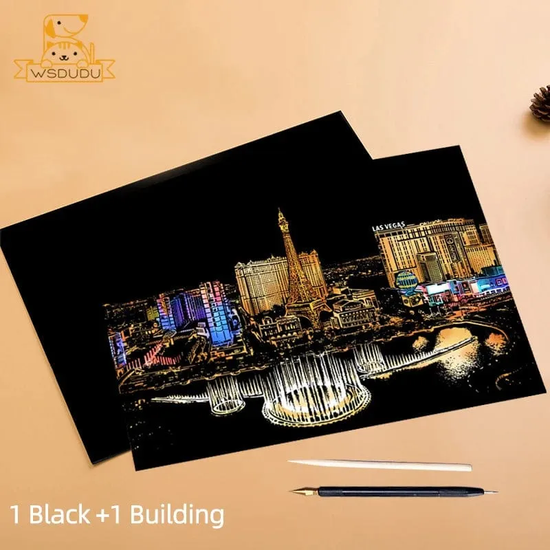 2-teiliges Kratzpapier-Malset, magisches Kunst-Nachtszenen-Set mit Sehenswürdigkeiten aus aller Welt und Tieren, Zeichenspielzeug mit Stift, Basteln, Kartenspiel, Geschenke für Erwachsene