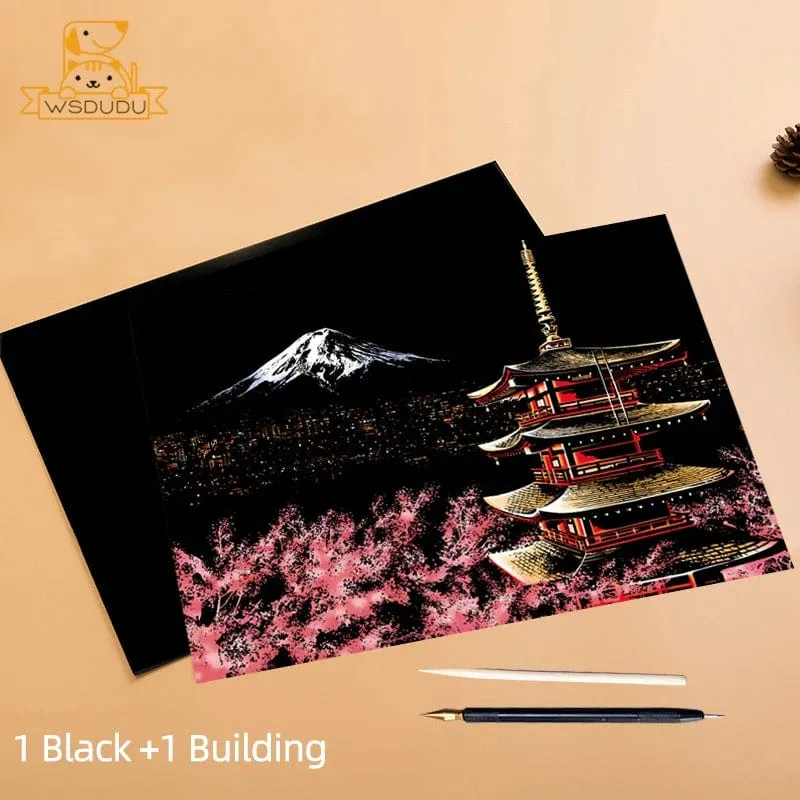 2-teiliges Kratzpapier-Malset, magisches Kunst-Nachtszenen-Set mit Sehenswürdigkeiten aus aller Welt und Tieren, Zeichenspielzeug mit Stift, Basteln, Kartenspiel, Geschenke für Erwachsene
