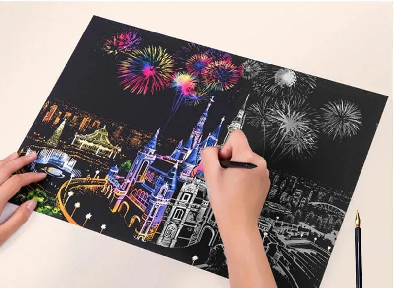 2-teiliges Kratzpapier-Malset, magisches Kunst-Nachtszenen-Set mit Sehenswürdigkeiten aus aller Welt und Tieren, Zeichenspielzeug mit Stift, Basteln, Kartenspiel, Geschenke für Erwachsene