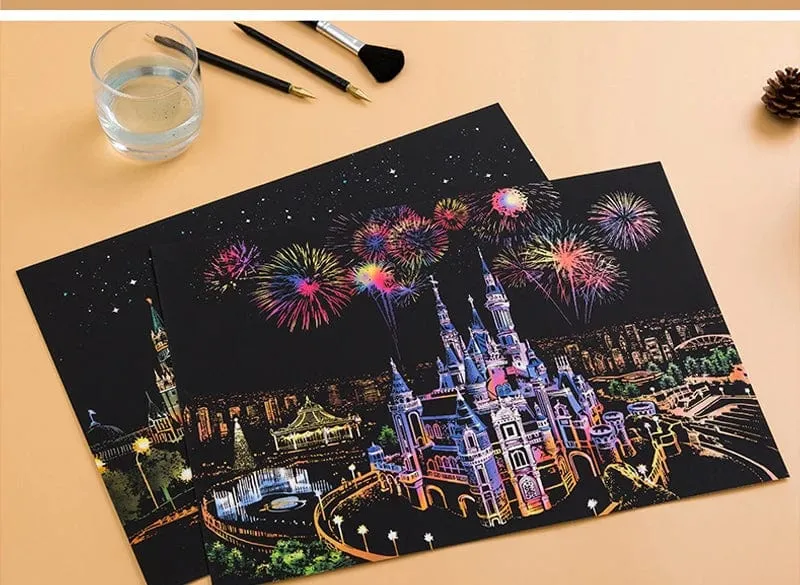 2-teiliges Kratzpapier-Malset, magisches Kunst-Nachtszenen-Set mit Sehenswürdigkeiten aus aller Welt und Tieren, Zeichenspielzeug mit Stift, Basteln, Kartenspiel, Geschenke für Erwachsene