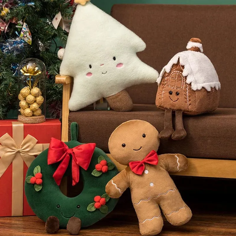 Entzückendes Lebkuchen-Plüschtier, gefülltes Karamell-Schokoladen-Lebkuchenmann-Kissen, Weihnachtsbaum-Haus, Schleife, Ring, Dekor, Weihnachtshirsch