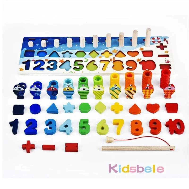 Holz Zahlenpuzzle Sortierung Montessori Spielzeug für Kleinkinder Formsortierer Zählen Angelspiel Pädagogisches Mathematik Stapelblock
