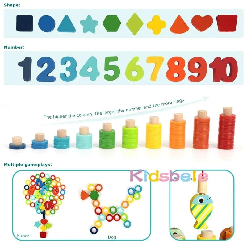 Holz Zahlenpuzzle Sortierung Montessori Spielzeug für Kleinkinder Formsortierer Zählen Angelspiel Pädagogisches Mathematik Stapelblock