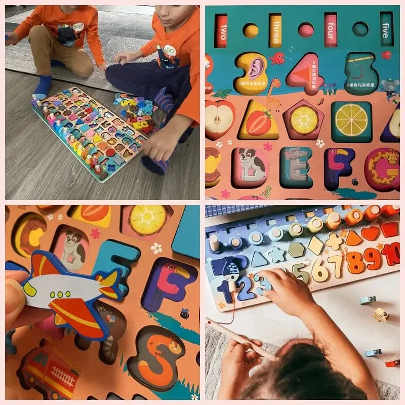 Holz Zahlenpuzzle Sortierung Montessori Spielzeug für Kleinkinder Formsortierer Zählen Angelspiel Pädagogisches Mathematik Stapelblock