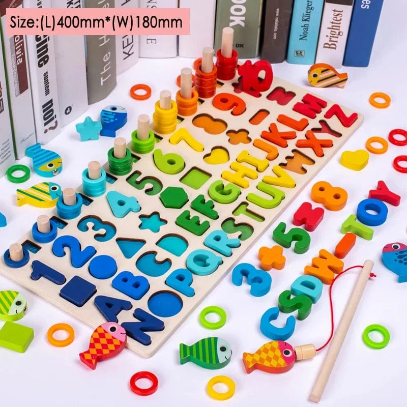 Holz Zahlenpuzzle Sortierung Montessori Spielzeug für Kleinkinder Formsortierer Zählen Angelspiel Pädagogisches Mathematik Stapelblock