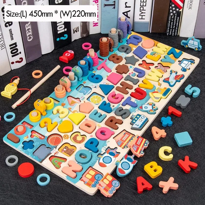 Holz Zahlenpuzzle Sortierung Montessori Spielzeug für Kleinkinder Formsortierer Zählen Angelspiel Pädagogisches Mathematik Stapelblock