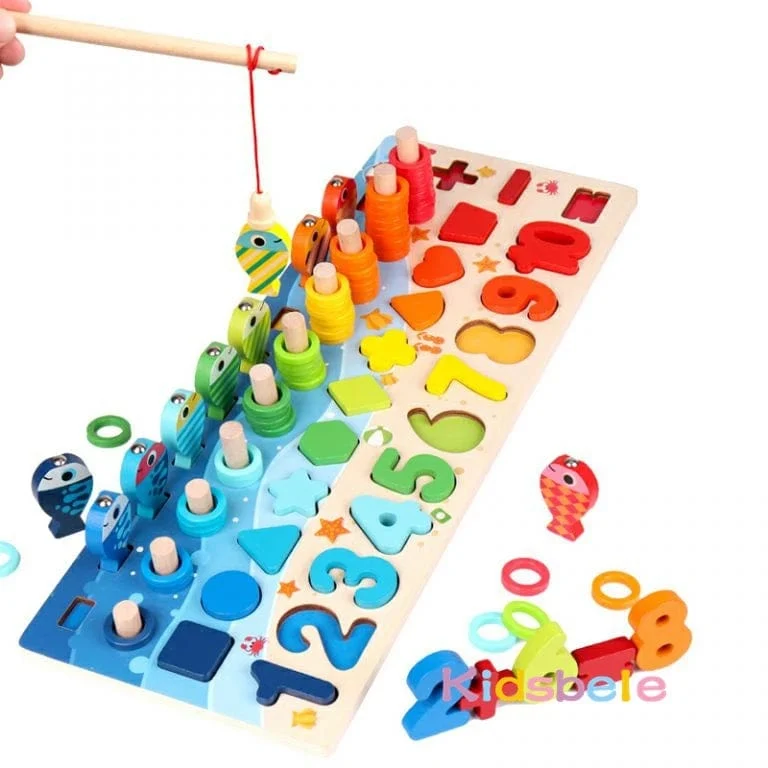 Holz Zahlenpuzzle Sortierung Montessori Spielzeug für Kleinkinder Formsortierer Zählen Angelspiel Pädagogisches Mathematik Stapelblock