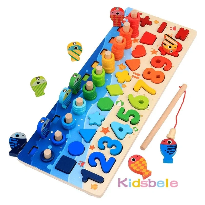 Holz Zahlenpuzzle Sortierung Montessori Spielzeug für Kleinkinder Formsortierer Zählen Angelspiel Pädagogisches Mathematik Stapelblock