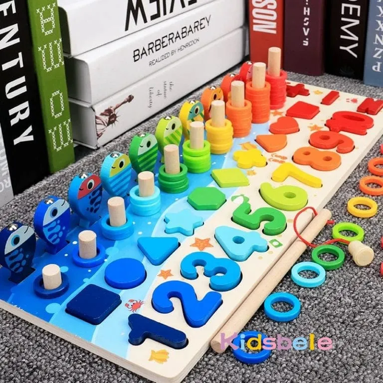Holz Zahlenpuzzle Sortierung Montessori Spielzeug für Kleinkinder Formsortierer Zählen Angelspiel Pädagogisches Mathematik Stapelblock