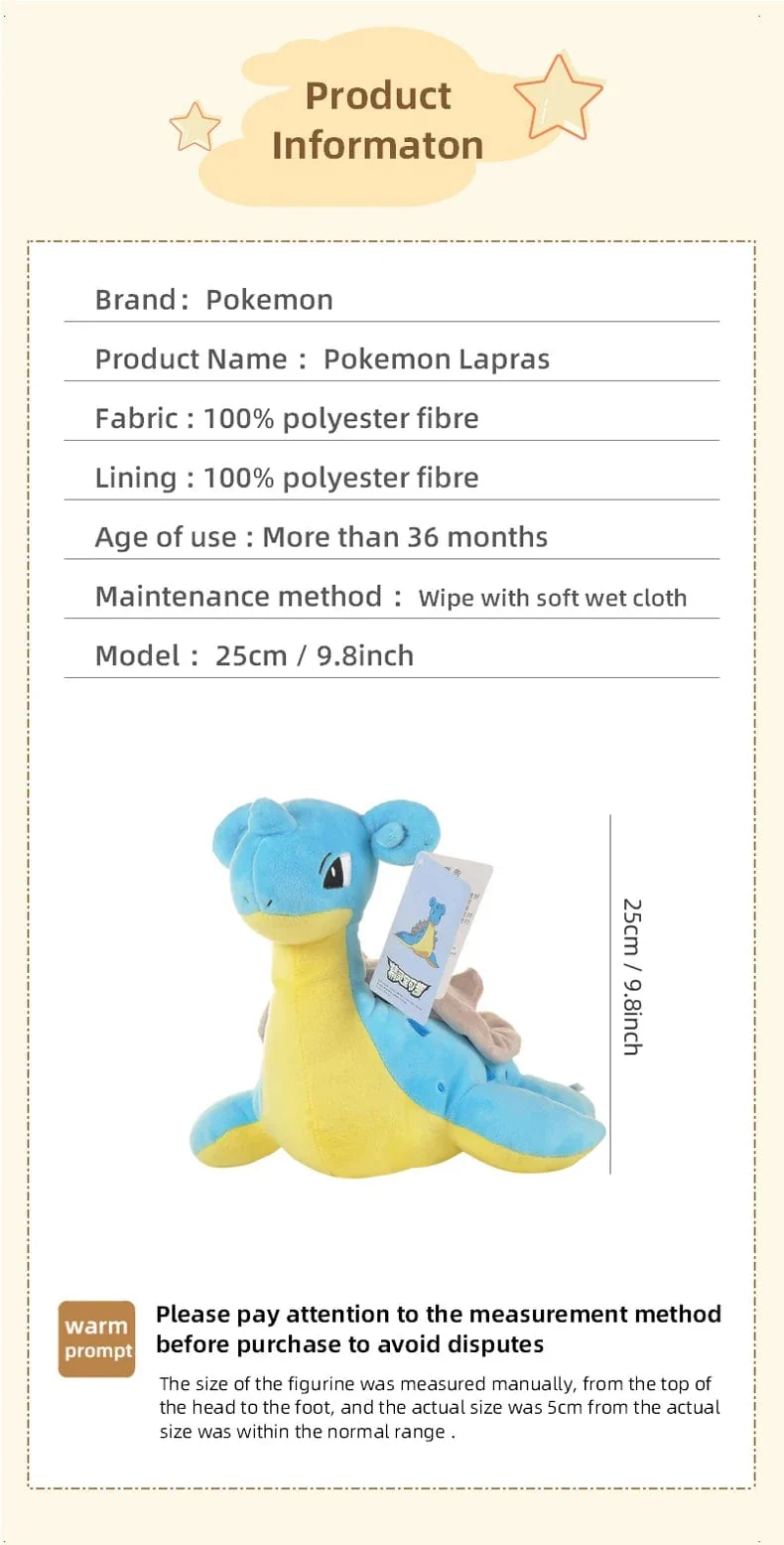 Kawaii Pokemon Lapras Stofftiere Cartoon süße Wassergeist Plüsch Puppen Wurfkissen Geburtstagsgeschenk für Kinder Freunde Jungen