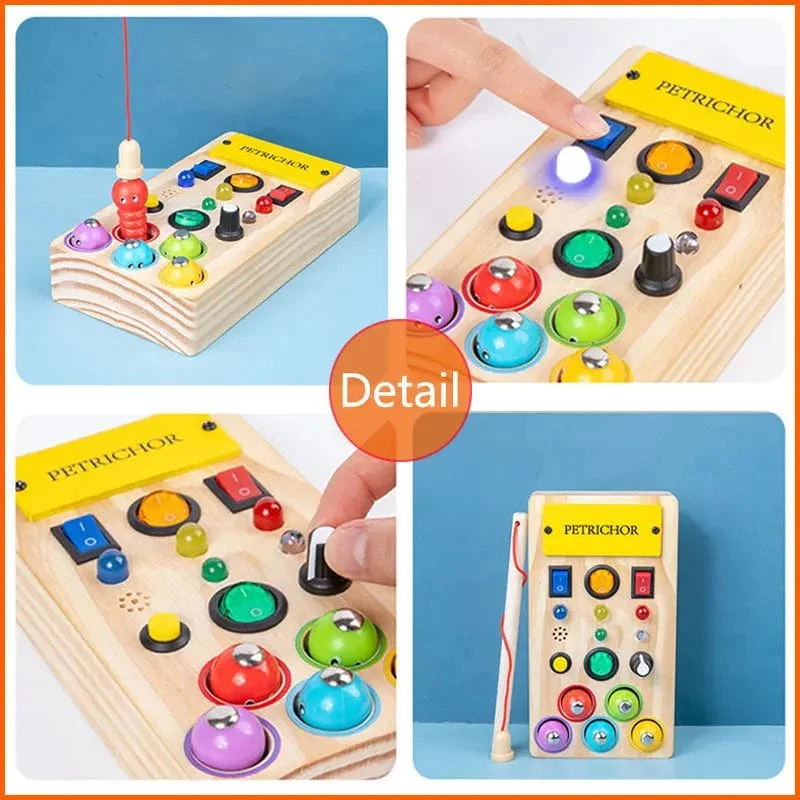 Montessori Busy Board Sensorisches Spielzeug aus Holz mit LED-Lichtschalter-Steuerplatine Reiseaktivitäten Kinderspiele für 2–4 Jahre alt