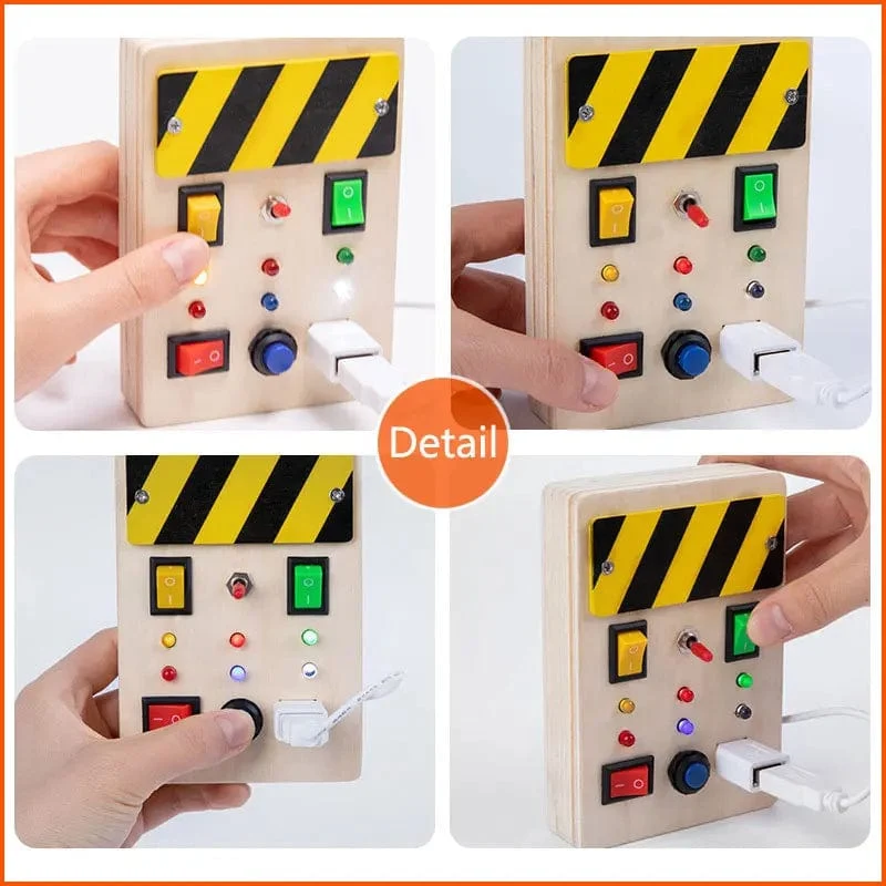 Montessori Busy Board Sensorisches Spielzeug aus Holz mit LED-Lichtschalter-Steuerplatine Reiseaktivitäten Kinderspiele für 2–4 Jahre alt