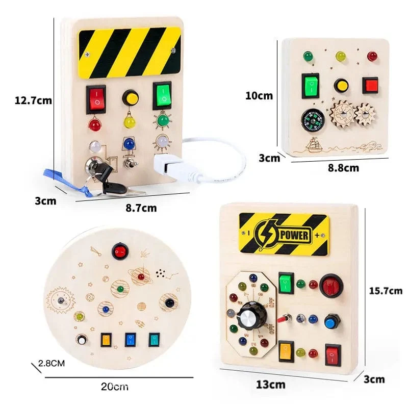 Montessori Busy Board Sensorisches Spielzeug aus Holz mit LED-Lichtschalter-Steuerplatine Reiseaktivitäten Kinderspiele für 2–4 Jahre alt