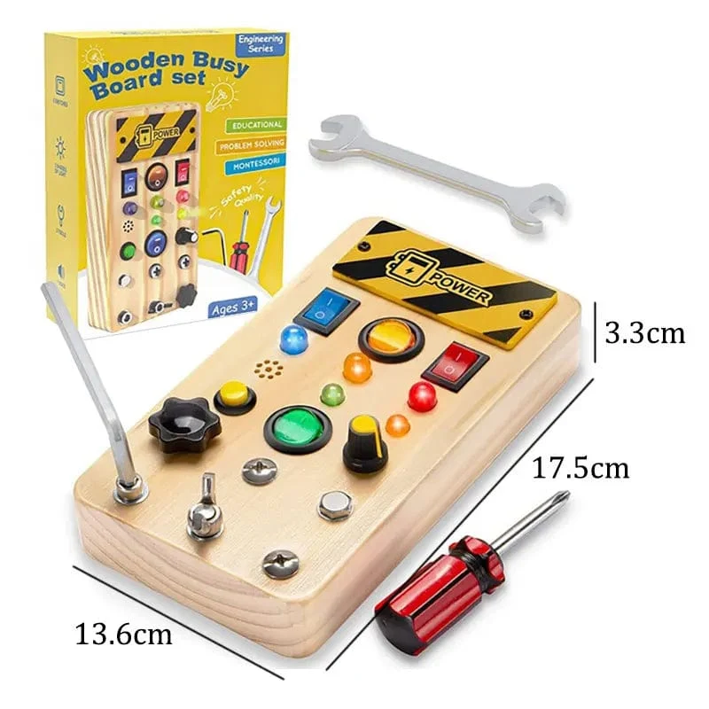 Montessori Busy Board Sensorisches Spielzeug aus Holz mit LED-Lichtschalter-Steuerplatine Reiseaktivitäten Kinderspiele für 2–4 Jahre alt