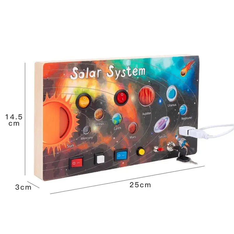 Montessori Busy Board Sensorisches Spielzeug aus Holz mit LED-Lichtschalter-Steuerplatine Reiseaktivitäten Kinderspiele für 2–4 Jahre alt