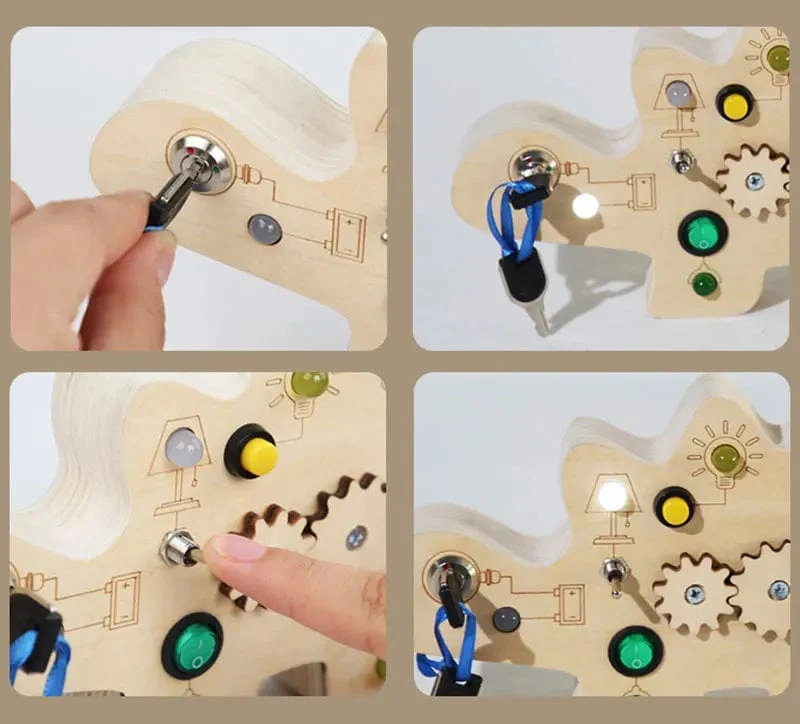 Montessori Busy Board Sensorisches Spielzeug aus Holz mit LED-Lichtschalter-Steuerplatine Reiseaktivitäten Kinderspiele für 2–4 Jahre alt