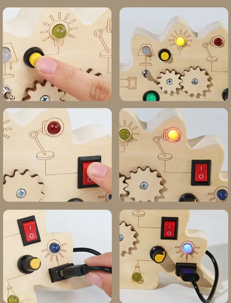 Montessori Busy Board Sensorisches Spielzeug aus Holz mit LED-Lichtschalter-Steuerplatine Reiseaktivitäten Kinderspiele für 2–4 Jahre alt