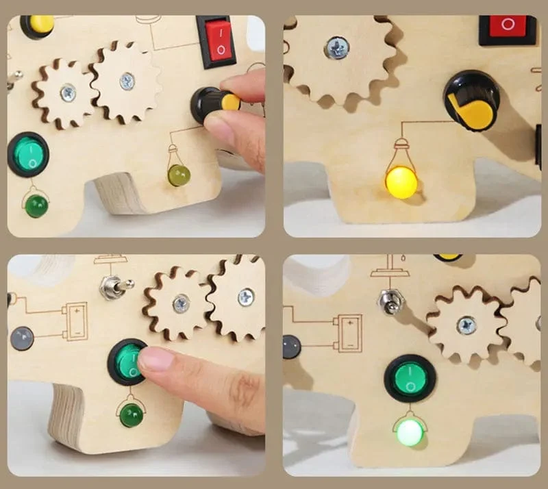 Montessori Busy Board Sensorisches Spielzeug aus Holz mit LED-Lichtschalter-Steuerplatine Reiseaktivitäten Kinderspiele für 2–4 Jahre alt