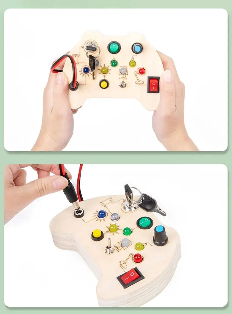 Montessori Busy Board Sensorisches Spielzeug aus Holz mit LED-Lichtschalter-Steuerplatine Reiseaktivitäten Kinderspiele für 2–4 Jahre alt