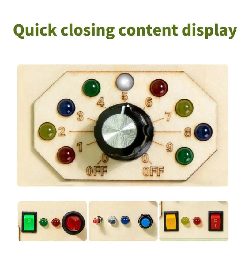 Montessori Busy Board Sensorisches Spielzeug aus Holz mit LED-Lichtschalter-Steuerplatine Reiseaktivitäten Kinderspiele für 2–4 Jahre alt