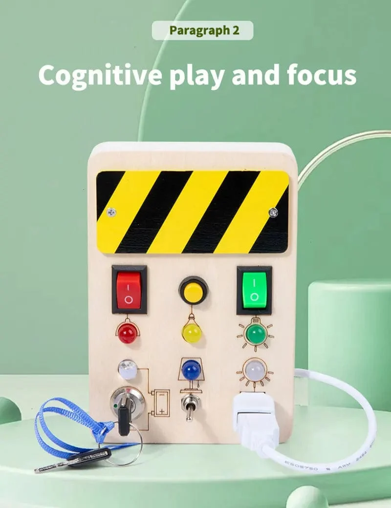 Montessori Busy Board Sensorisches Spielzeug aus Holz mit LED-Lichtschalter-Steuerplatine Reiseaktivitäten Kinderspiele für 2–4 Jahre alt