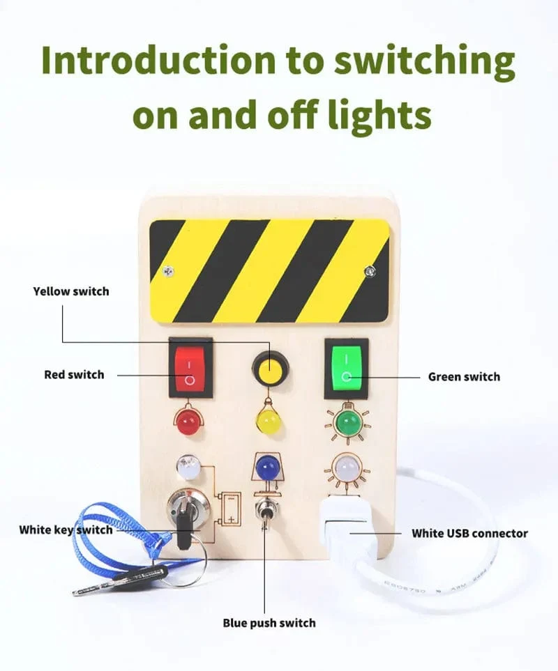 Montessori Busy Board Sensorisches Spielzeug aus Holz mit LED-Lichtschalter-Steuerplatine Reiseaktivitäten Kinderspiele für 2–4 Jahre alt