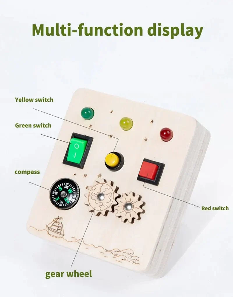 Montessori Busy Board Sensorisches Spielzeug aus Holz mit LED-Lichtschalter-Steuerplatine Reiseaktivitäten Kinderspiele für 2–4 Jahre alt