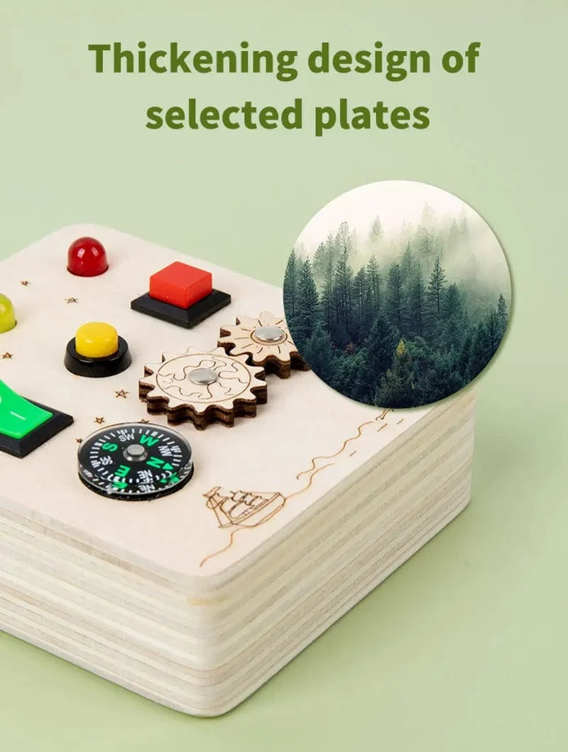 Montessori Busy Board Sensorisches Spielzeug aus Holz mit LED-Lichtschalter-Steuerplatine Reiseaktivitäten Kinderspiele für 2–4 Jahre alt