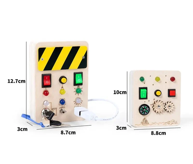 Montessori Busy Board Sensorisches Spielzeug aus Holz mit LED-Lichtschalter-Steuerplatine Reiseaktivitäten Kinderspiele für 2–4 Jahre alt