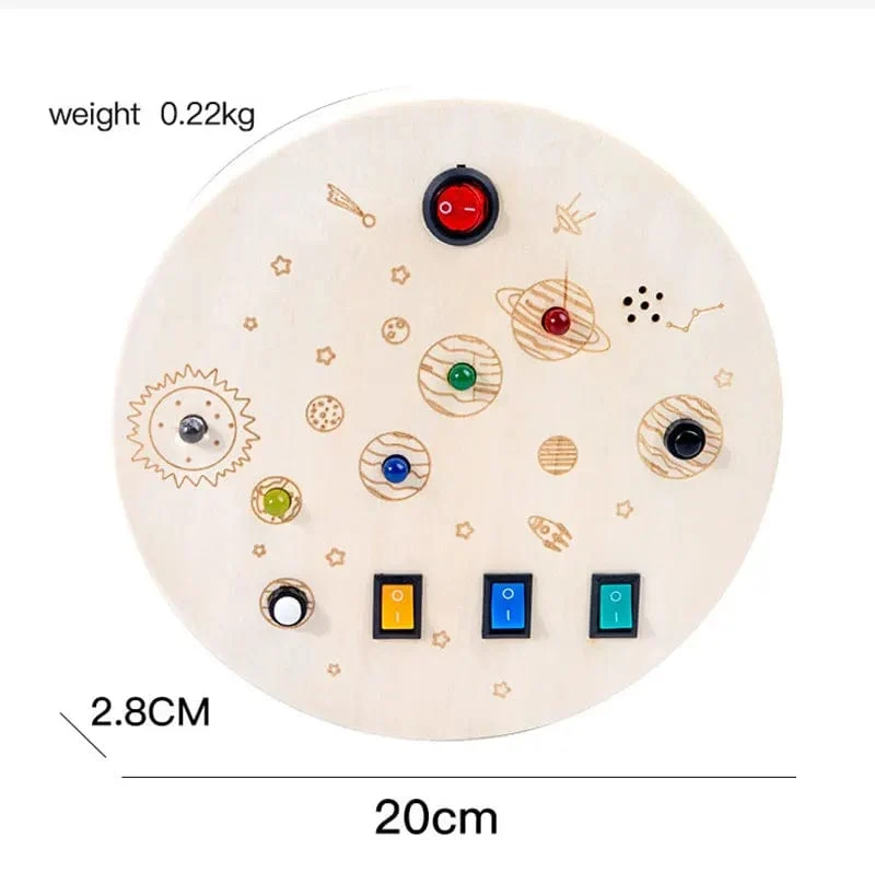 Montessori Busy Board Sensorisches Spielzeug aus Holz mit LED-Lichtschalter-Steuerplatine Reiseaktivitäten Kinderspiele für 2–4 Jahre alt