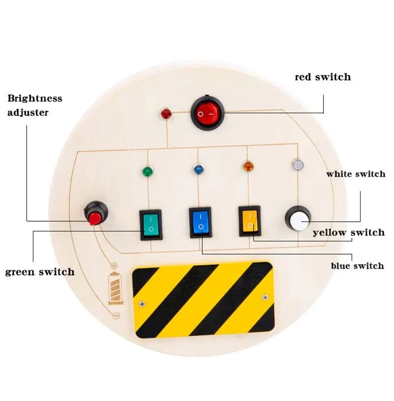 Montessori Busy Board Sensorisches Spielzeug aus Holz mit LED-Lichtschalter-Steuerplatine Reiseaktivitäten Kinderspiele für 2–4 Jahre alt