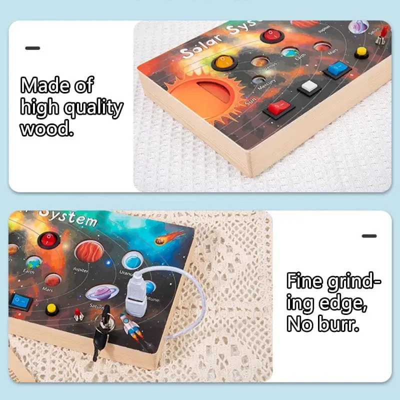 Montessori Busy Board Sensorisches Spielzeug aus Holz mit LED-Lichtschalter-Steuerplatine Reiseaktivitäten Kinderspiele für 2–4 Jahre alt