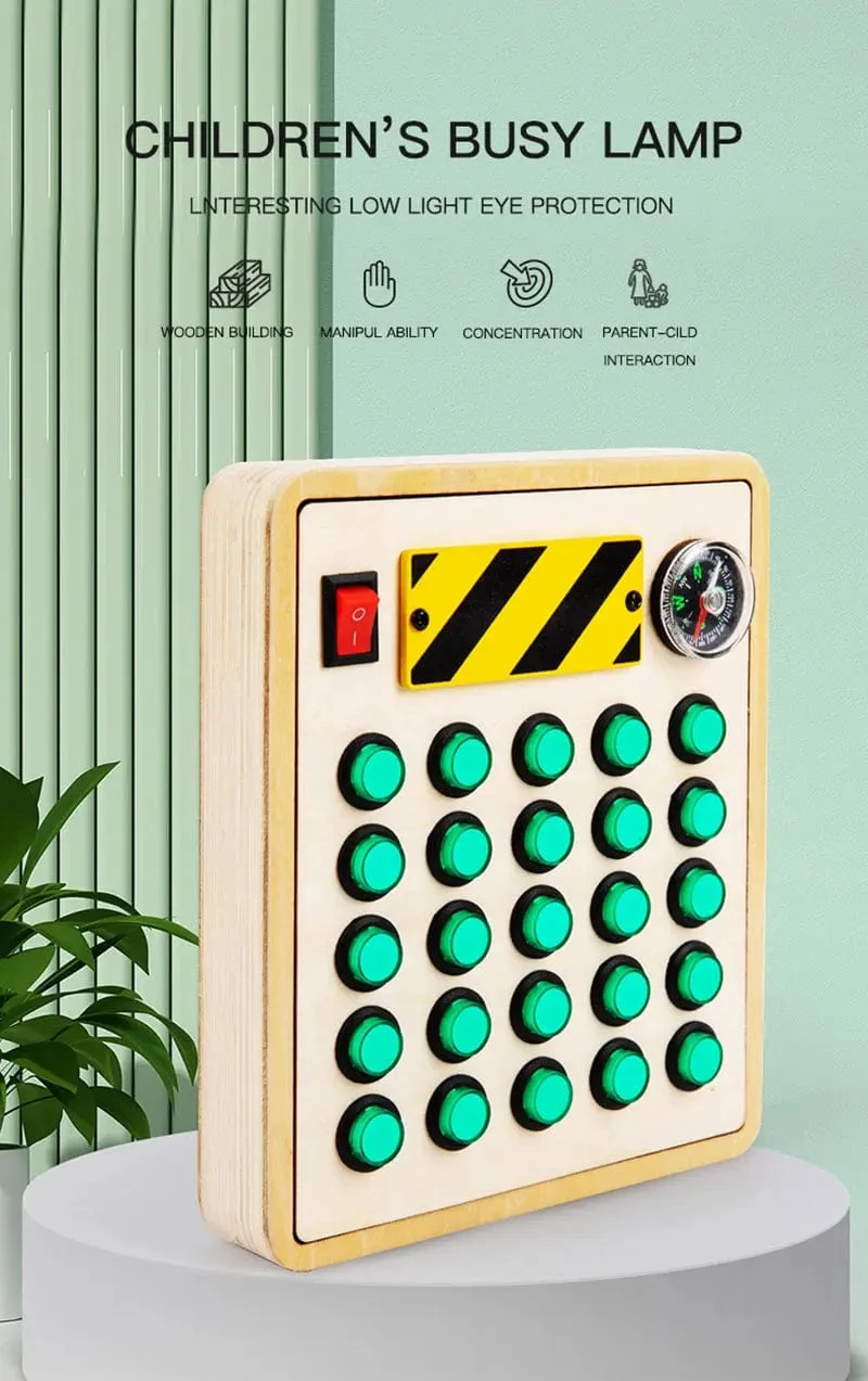 Montessori Busy Board Sensorisches Spielzeug aus Holz mit LED-Lichtschalter-Steuerplatine Reiseaktivitäten Kinderspiele für 2–4 Jahre alt