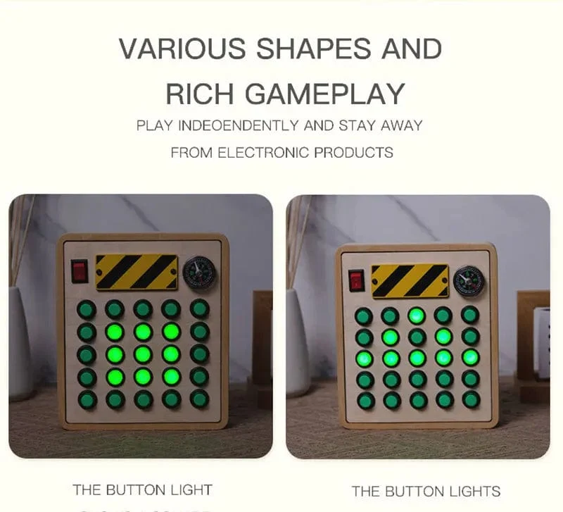 Montessori Busy Board Sensorisches Spielzeug aus Holz mit LED-Lichtschalter-Steuerplatine Reiseaktivitäten Kinderspiele für 2–4 Jahre alt