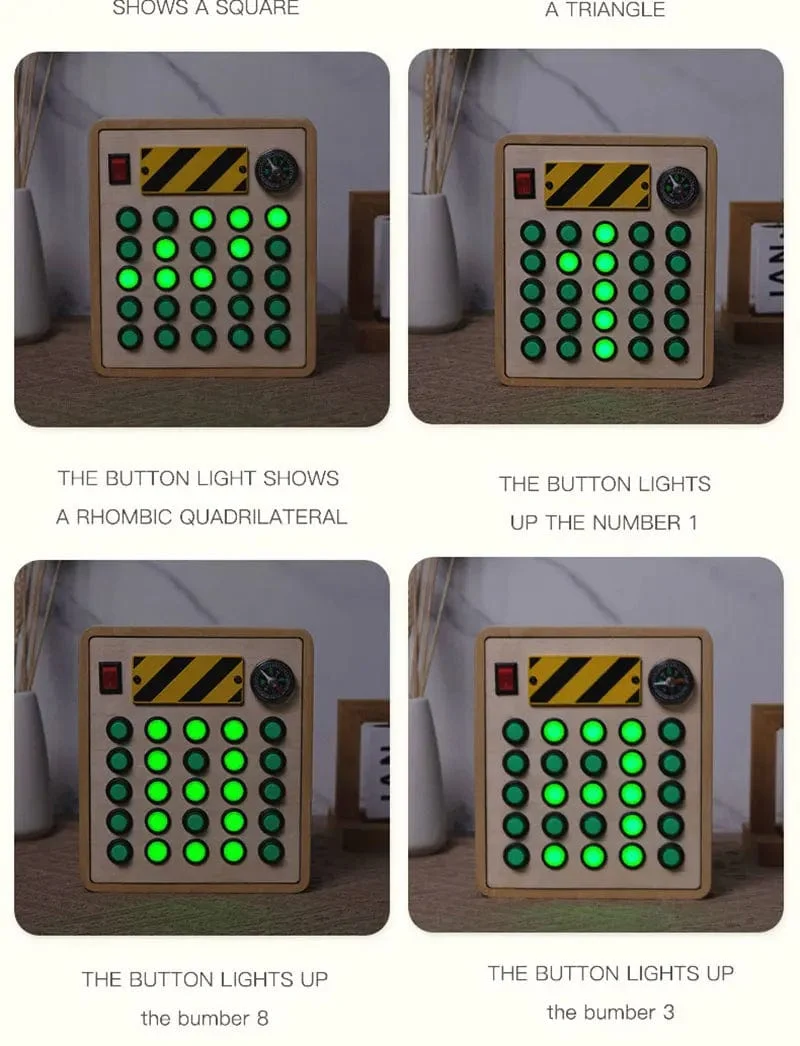 Montessori Busy Board Sensorisches Spielzeug aus Holz mit LED-Lichtschalter-Steuerplatine Reiseaktivitäten Kinderspiele für 2–4 Jahre alt