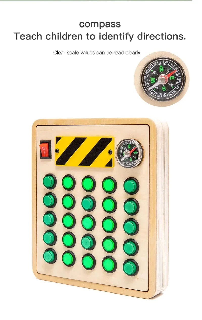 Montessori Busy Board Sensorisches Spielzeug aus Holz mit LED-Lichtschalter-Steuerplatine Reiseaktivitäten Kinderspiele für 2–4 Jahre alt