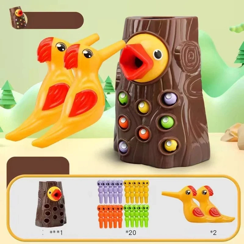 Montessori-Lernspielzeug für Kinder, Specht, Würmer fangen, Spielzeug für Kleinkinder, magnetische Spiele für die Entwicklung von Babi, Beschäftigt-Brett