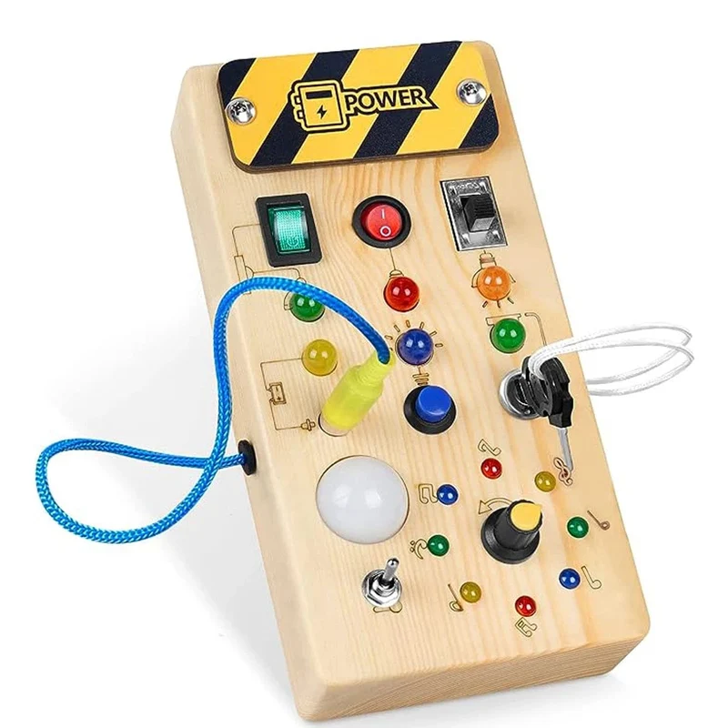 Montessori Busy Board Sensorisches Spielzeug aus Holz mit LED-Lichtschalter-Steuerplatine Reiseaktivitäten Kinderspiele für 2–4 Jahre alt