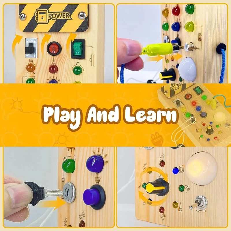 Montessori Busy Board Sensorisches Spielzeug aus Holz mit LED-Lichtschalter-Steuerplatine Reiseaktivitäten Kinderspiele für 2–4 Jahre alt