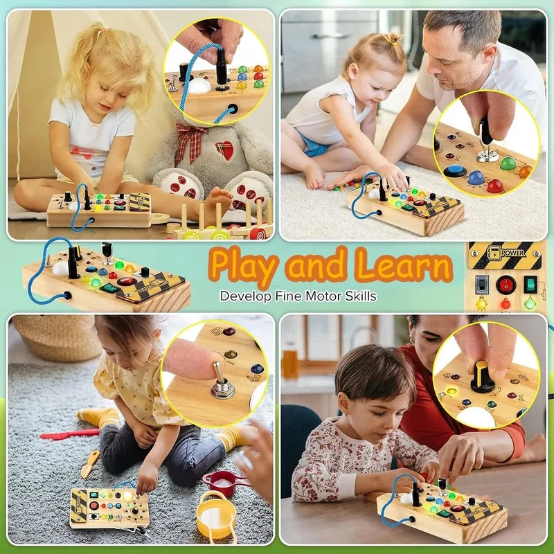 Montessori Busy Board Sensorisches Spielzeug aus Holz mit LED-Lichtschalter-Steuerplatine Reiseaktivitäten Kinderspiele für 2–4 Jahre alt