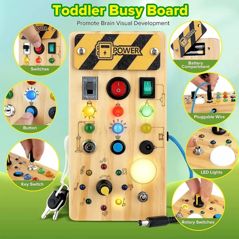 Montessori Busy Board Sensorisches Spielzeug aus Holz mit LED-Lichtschalter-Steuerplatine Reiseaktivitäten Kinderspiele für 2–4 Jahre alt