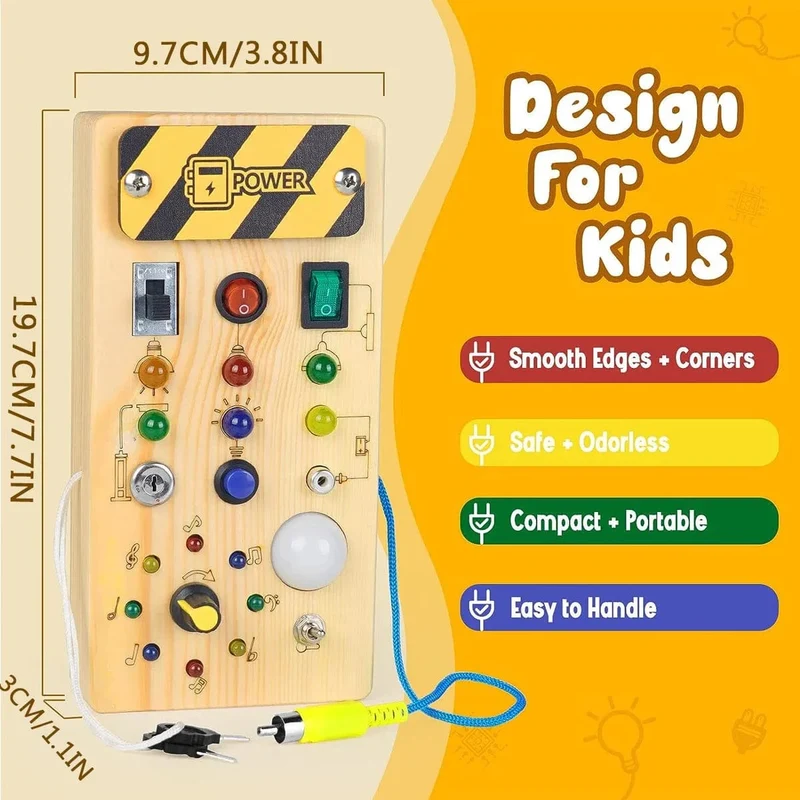 Montessori Busy Board Sensorisches Spielzeug aus Holz mit LED-Lichtschalter-Steuerplatine Reiseaktivitäten Kinderspiele für 2–4 Jahre alt